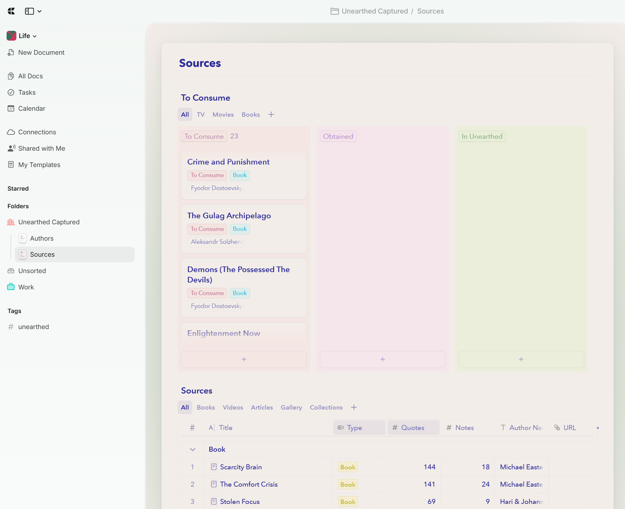 Craft Sources page inside Unearthed Captured, with Authors and Sources in the sidebar, a custom To Consume Kanban, and an exported table of books with quote and note counts