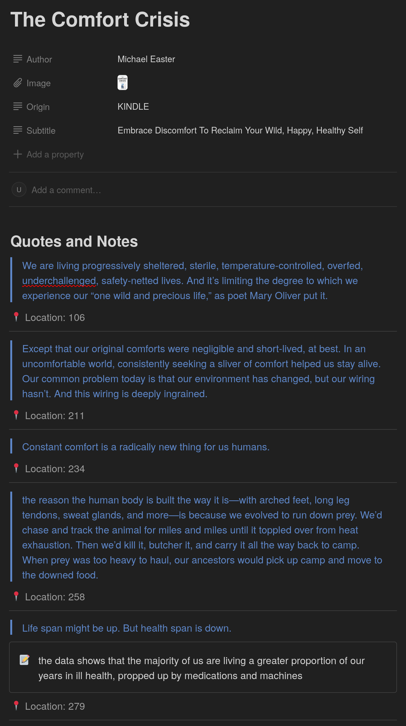 Unearthed book page in Notion showing author and origin properties above Quotes and Notes