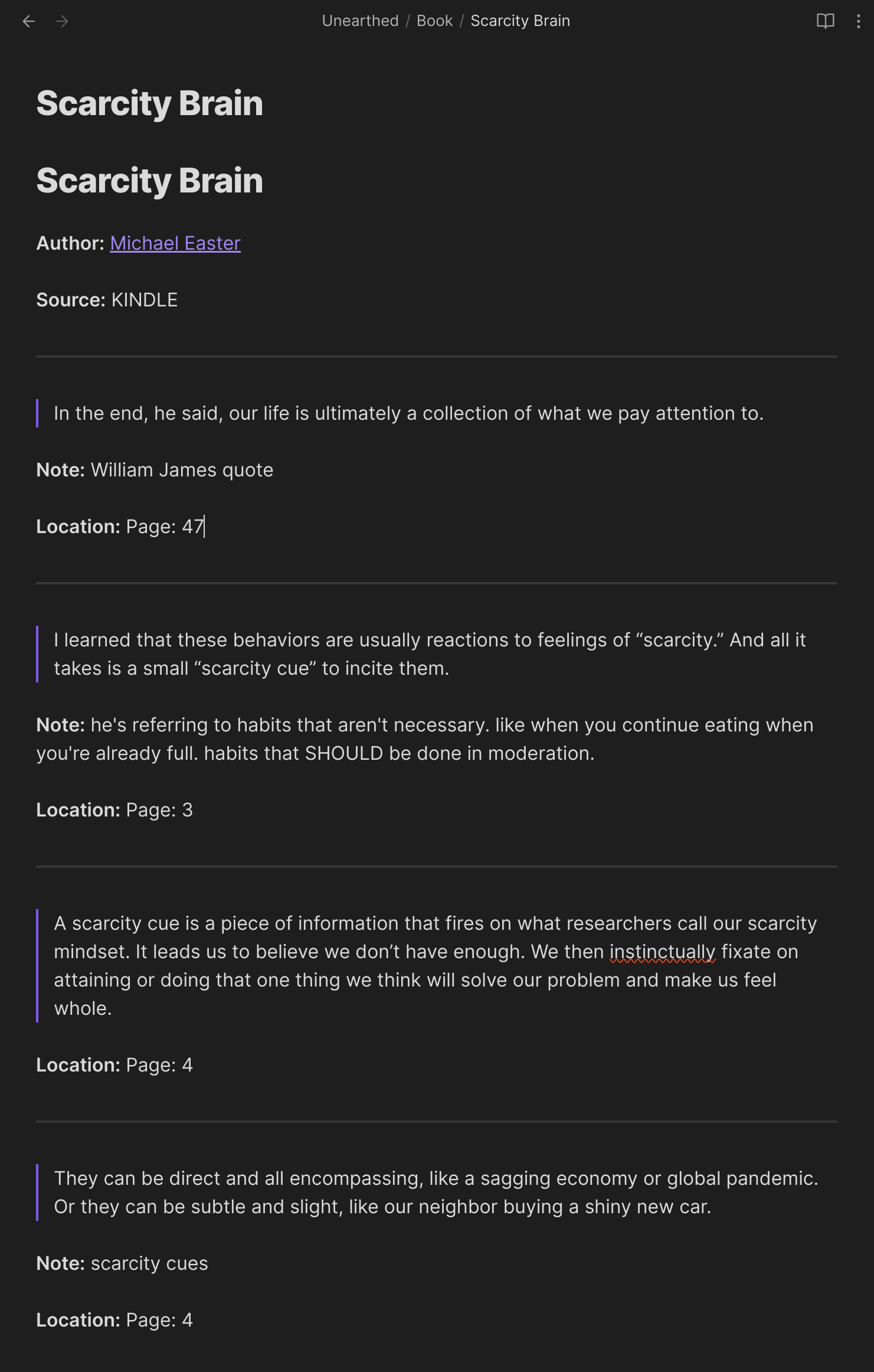 Unearthed book note in Obsidian with author, Kindle highlights, notes and locations