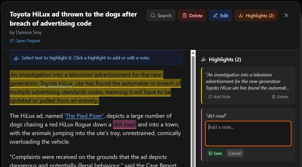 Article Reader - Unearthed Local