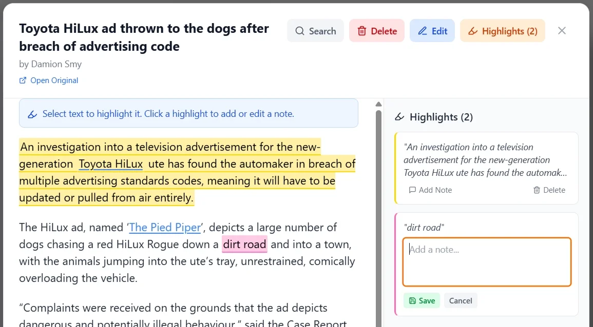 Article Reader - Unearthed Local