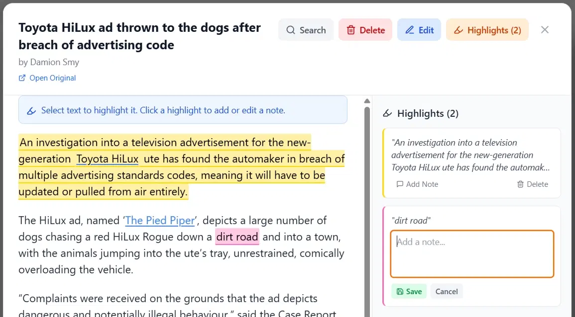Unearthed Local article reader with yellow and pink highlights and an annotation editor